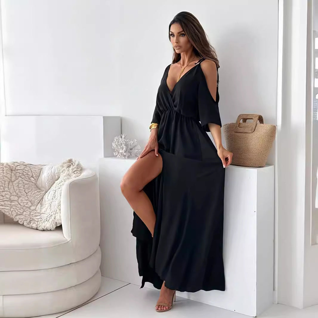 Robe mi-longue à manches mi-longues pour femmes, vêtements couleur unie, écharpe Sexy