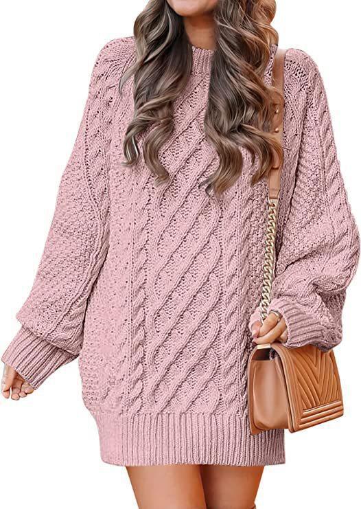 Round Neck Long Sleeve Twisted Knitted Thick Needle Pullover Mid Length Sweater Women Dress