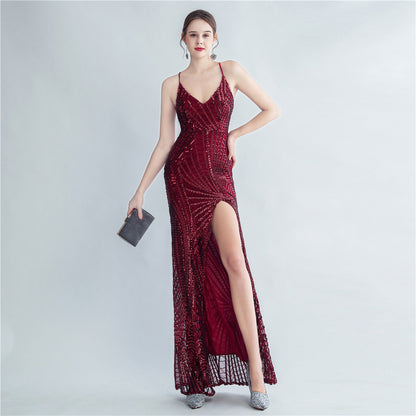 High Density Sequ Binding Waist Shaping Side Slit High End Evening Dress