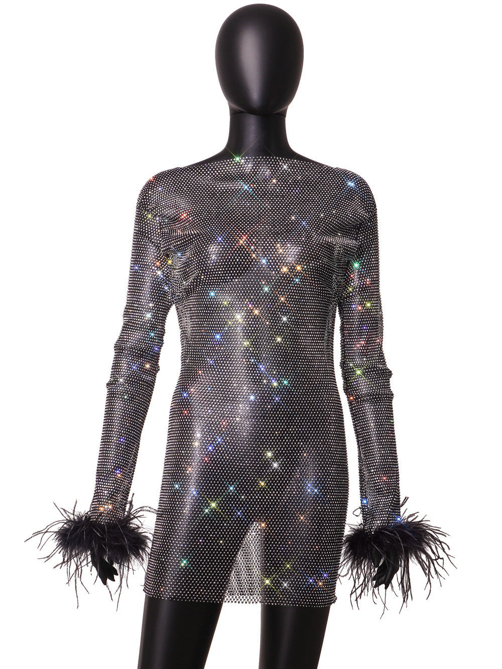 Summer Sexy Rhinestone Mesh Long Sleeve Furry Dress