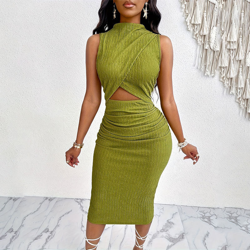 Black Women Hollow Out Cutout Elastic Waist Frill Stretch Sleeveless Sheath Dress Women Clothing Dress Women