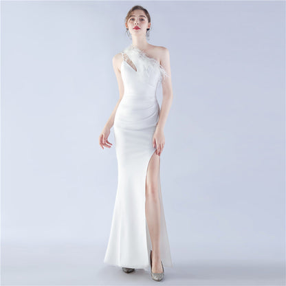 Craft Order Ostrich Feather Cocktail Performance Satin Long Evening Dress