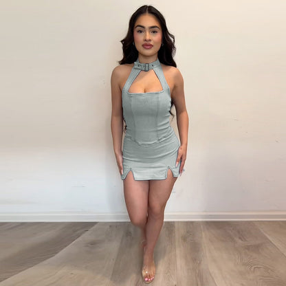 Robe en jean extensible à col boutonné, bandeau sexy ajouré, découpe, fermeture éclair, hanche pour femme