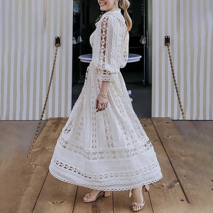 Vestido retro bohemio de otoño con cuello levantado, manga larga, tirantes finos, forro de malla, recorte calado