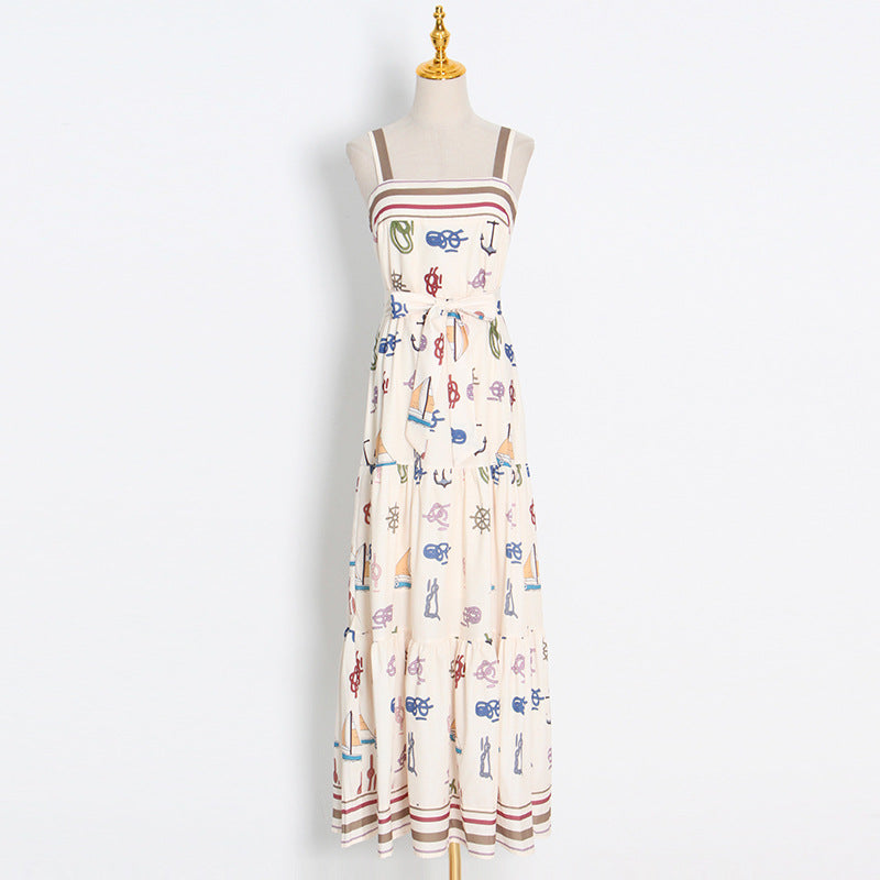 Printed Vacation Dress Autumn Suspenders Sexy Waist Hollow Out Cutout out Maxi Dress