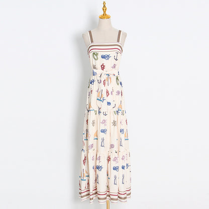 Printed Vacation Dress Autumn Suspenders Sexy Waist Hollow Out Cutout out Maxi Dress