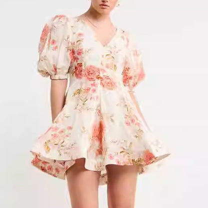 Fresh Waist Tight Slimming Flounce Short Dress Summer V Neck Puff Sleeve Printed Short Dress