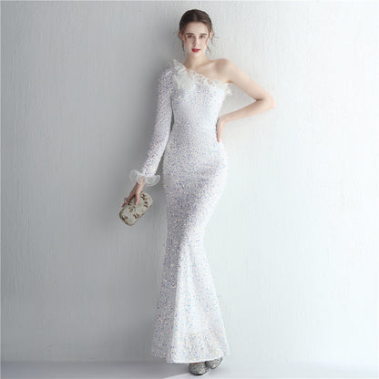 Handmade Sequin Craft Yarn Ladies Cocktail One Shoulder Long Sleeve Long Sequined Aura Queen Fishtail