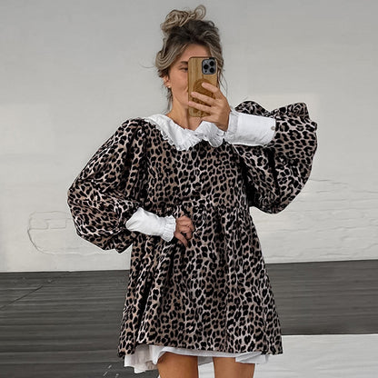 Leopard Print V neck Puff Sleeve Patchwork Ruffled Pullover Dress Spring Women