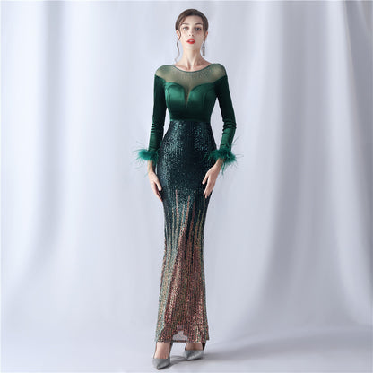 Gradient Bead Drilling Velvet High End Evening Dress