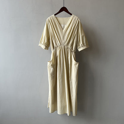 Robe plissée rétro à col en V, robe d'été élégante à lacets, taille mi-longue