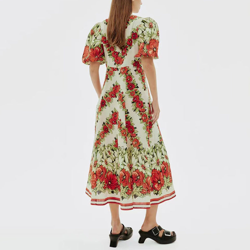 Vestido largo adelgazante de cintura alta con mangas abullonadas y diseño estampado retro elegante para mujer