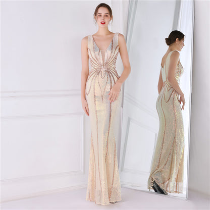 Positioning Floral Sequin Cocktail Elegant Long Sleeveless Sequined Aura Queen Fishtail Dress Slimming Fishtail Dress