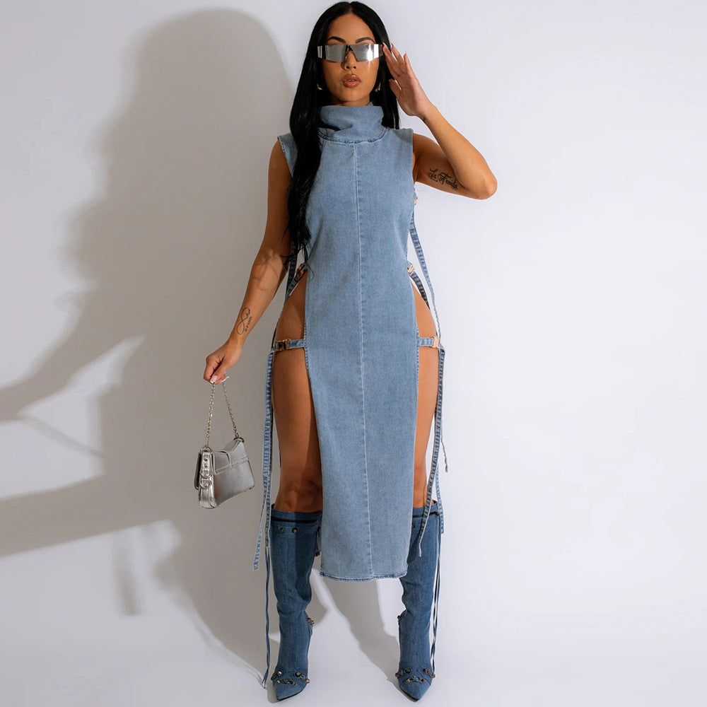 Robe en jean Sexy découpe lavée robe à col roulé femmes