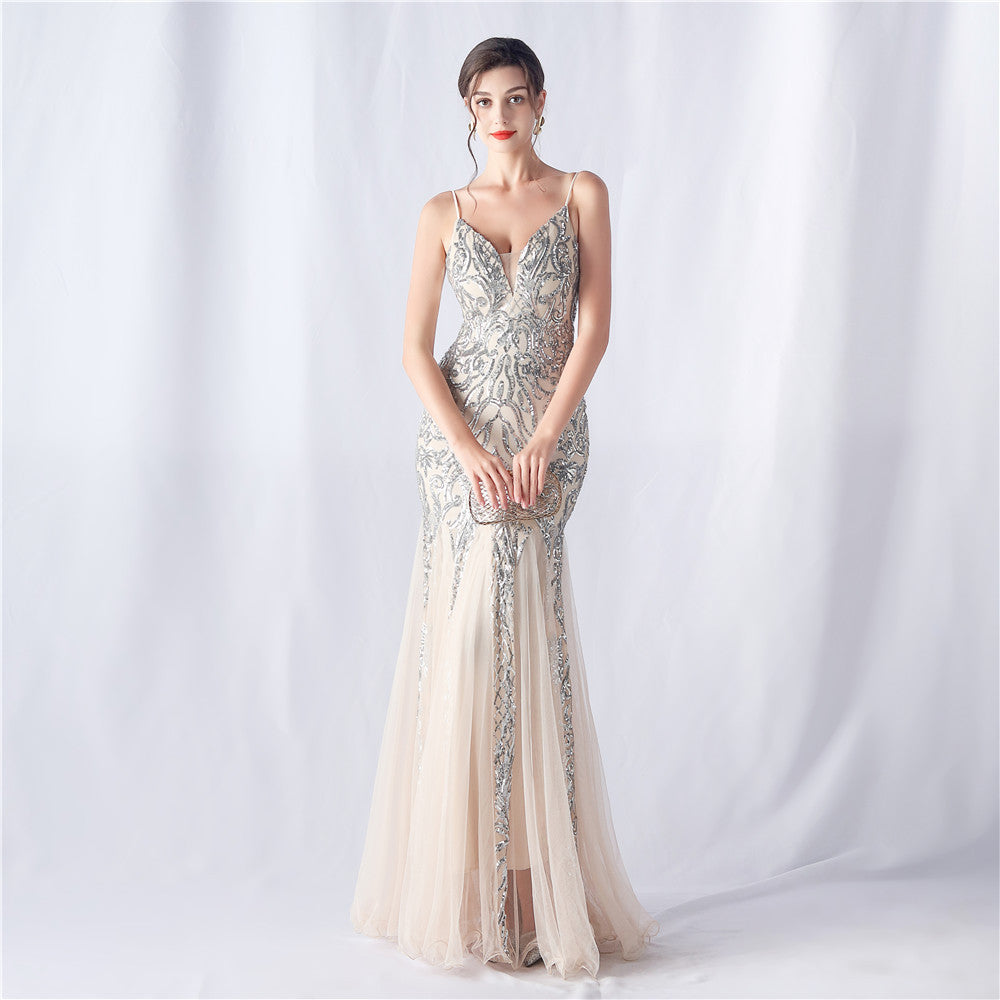 Floral Sequin Mesh High End Evening Dress