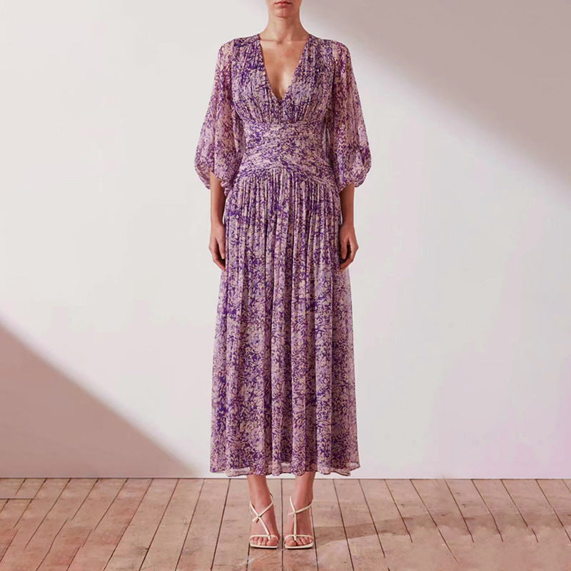 Vestido de verano con estampado morado, cintura controlada, diseño adelgazante y mangas abullonadas