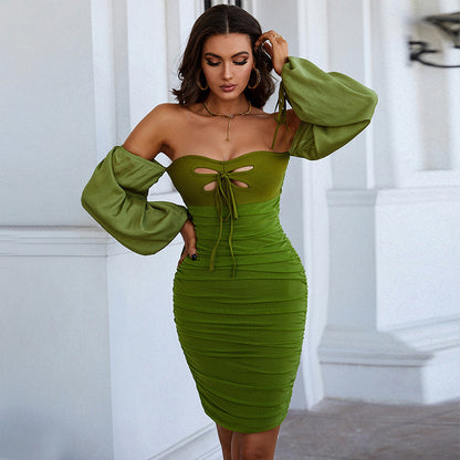 Printemps femmes vêtements robe de pansement vert Sexy évider découpe mot col robe à manches bouffantes