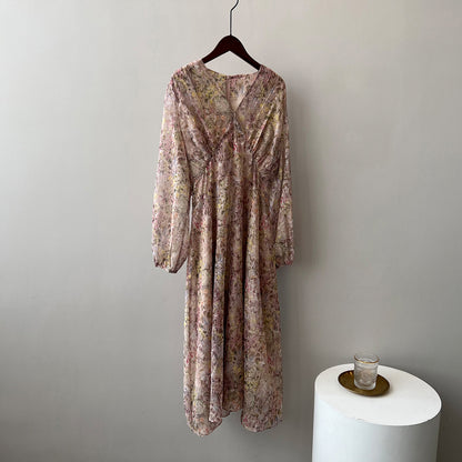 Robe florale douce à col en v pour femmes, tenue mi-longue cintrée à manches longues, style coréen, printemps et été