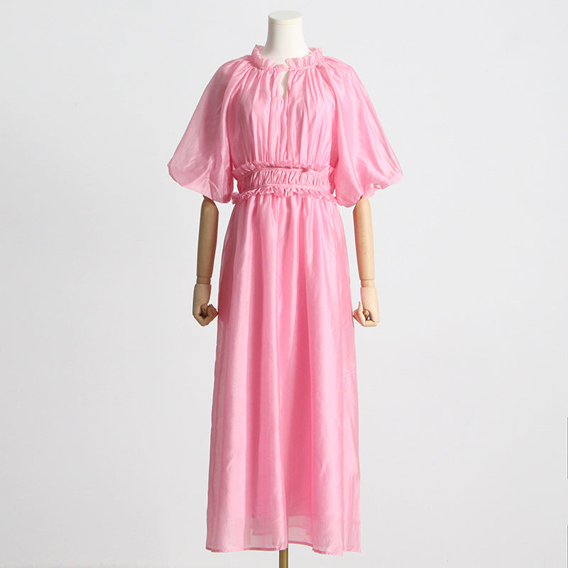 Robe longue plissée à volants et manches bouffantes en tulle de couleur unie pour femme