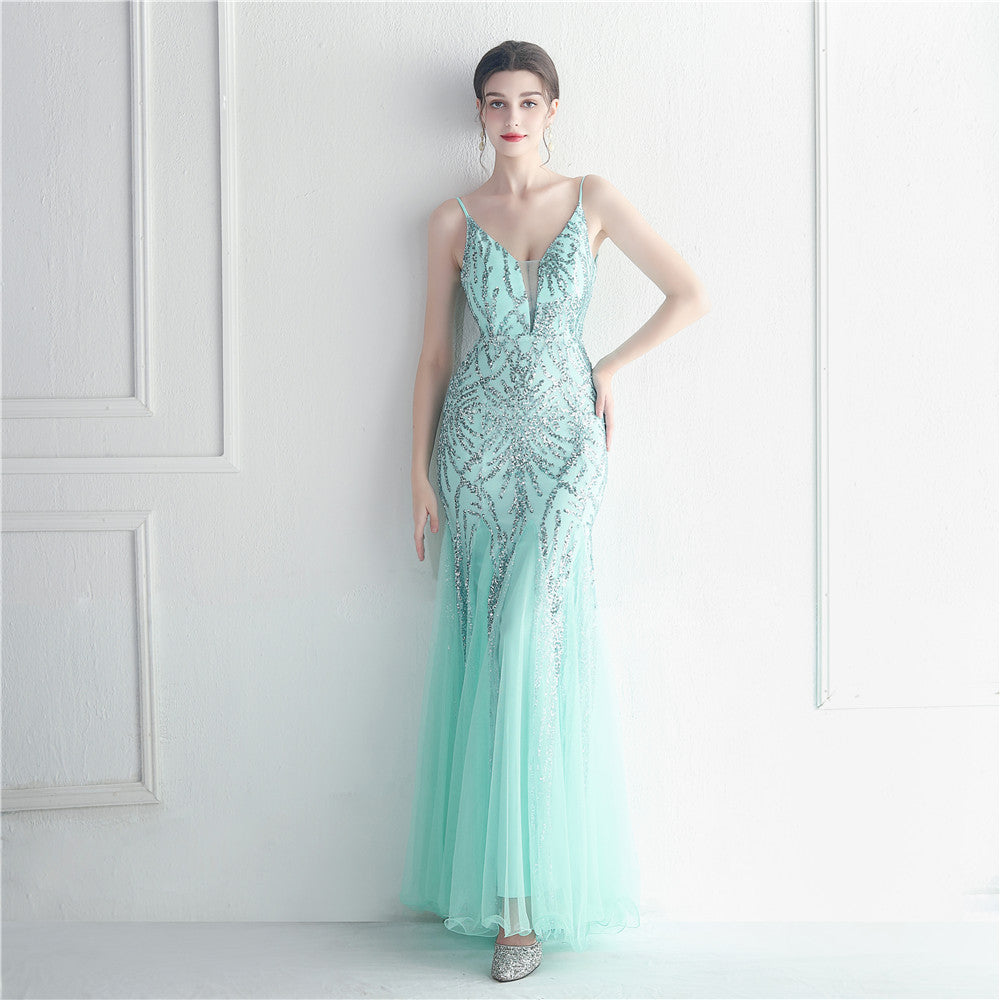 Sequin Gauze Sexy Sling Star Internet Celebrity Grand Ceremony Long Evening Dress