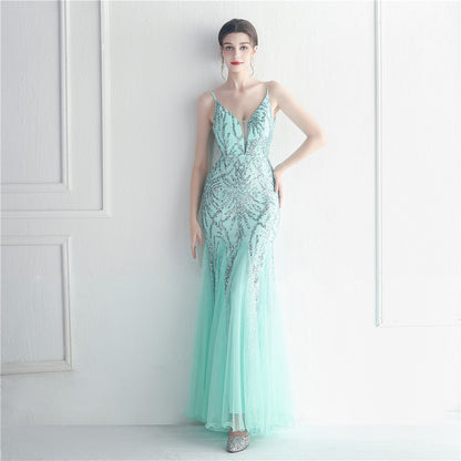 Sequin Gauze Sexy Sling Star Internet Celebrity Grand Ceremony Long Evening Dress