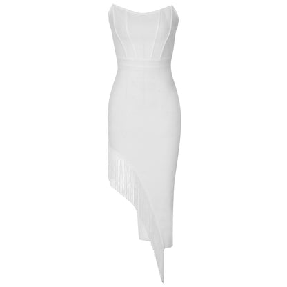 Vestido Bandage Vestido Sencillo Sexy Tubo Superior Espalda Descubierta Costura Borla Vestido Delgado Mujer