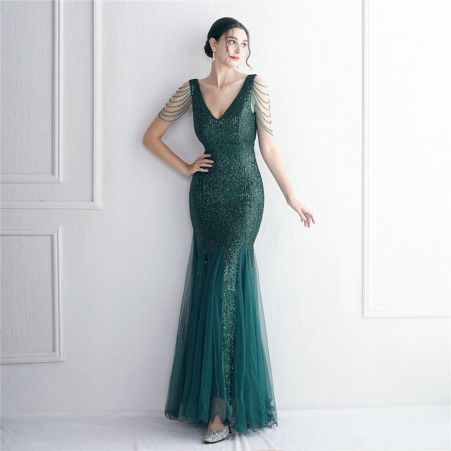 Sequin Mesh Craft Beaded Party Dress Long Cocktail Slim Fit Evening Dress Elegant Long