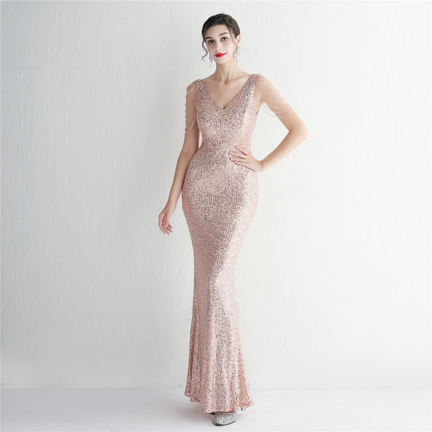 Sequin Craft Beaded Party Dress Long Cocktail Slim Fit Evening Dress Elegant Elegant Cool Beautiful