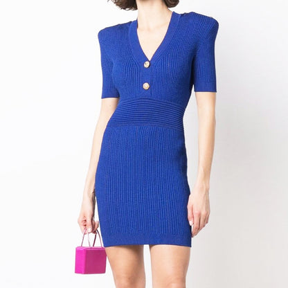 Summer Knitted Fabric V neck Slim Slimming Short Sleeve Dress