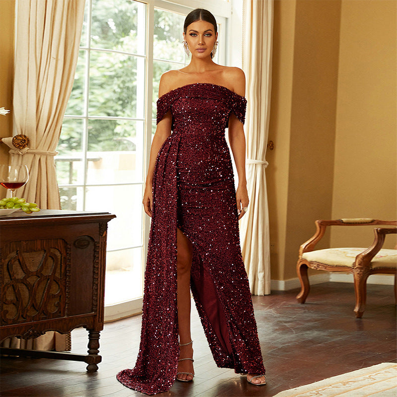 Robe longue de soirée à paillettes pour femmes, col rond, Sexy, queue de poisson, petite robe de soirée traînante