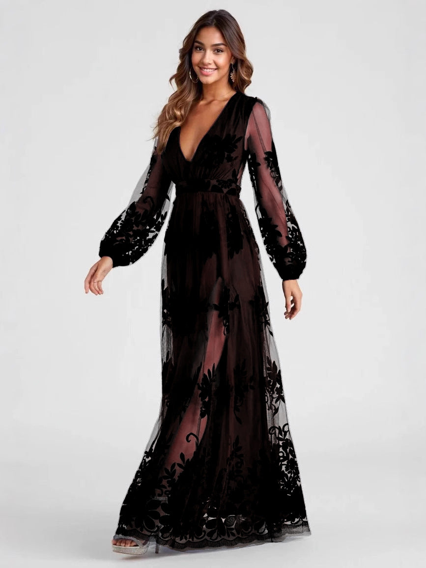 Maxi Dress Sexy High Split Ladies Long Sleeves Evening Dress