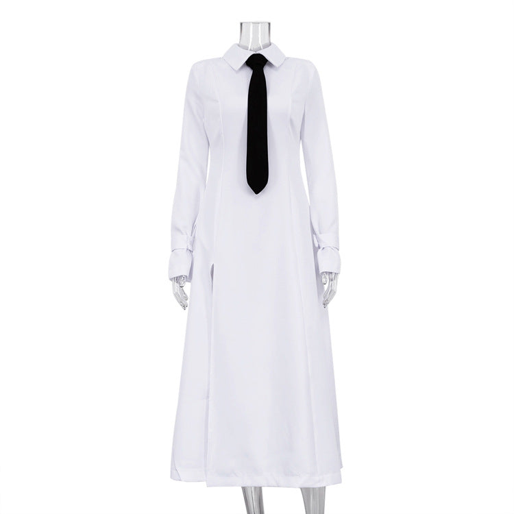 Women Clothing Early Spring Elegant College Collared Long Sleeve Split Dress Tie Dress