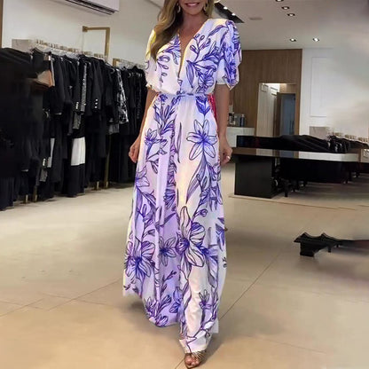 Vestido largo holgado con cordones y cuello en V elegante estampado para mujer de primavera