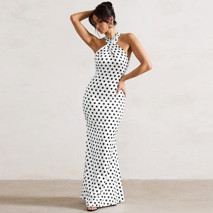 Summer Satin Polka Dot Halter Backless Dress