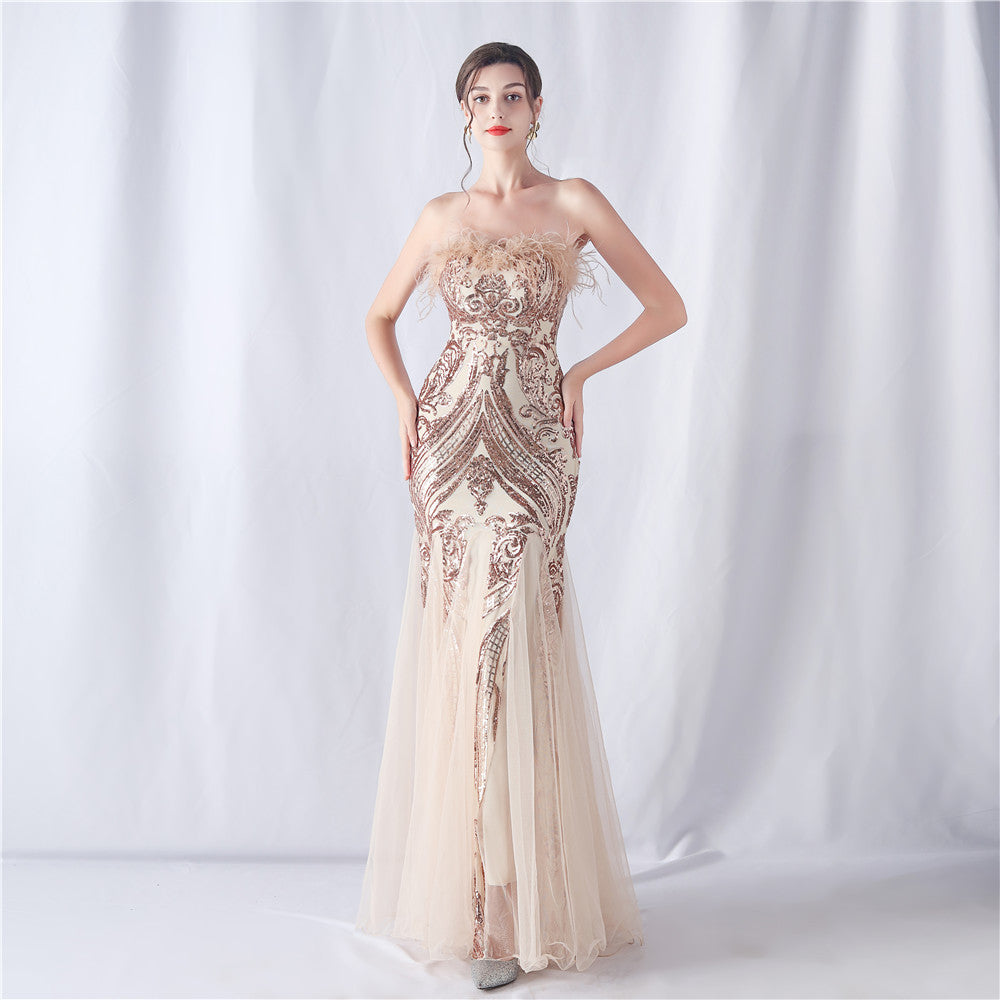 Plume d'autruche positionnement coupe florale mariage réunion annuelle bustier tubulaire paillettes gaze robe de soirée