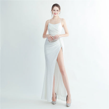 High Density Sequin Pleated Side Slit Sling Long Evening Dress