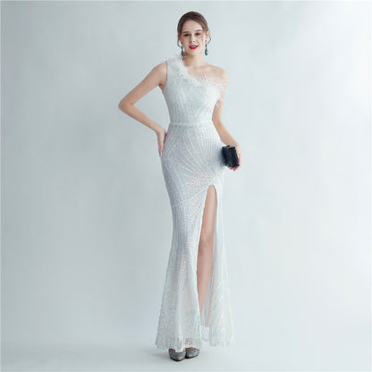 High Density Ostrich Hair Sequ Positioning Floral Oblique Shoulder Collar High End Evening Dress