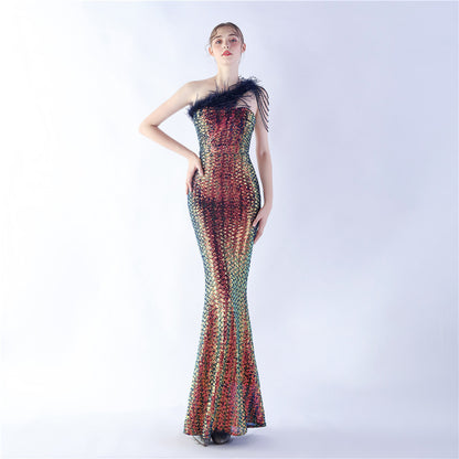 Ostrich Hair Beaded Magic Color Sequin Dinner Exhibition High End Evening Dress