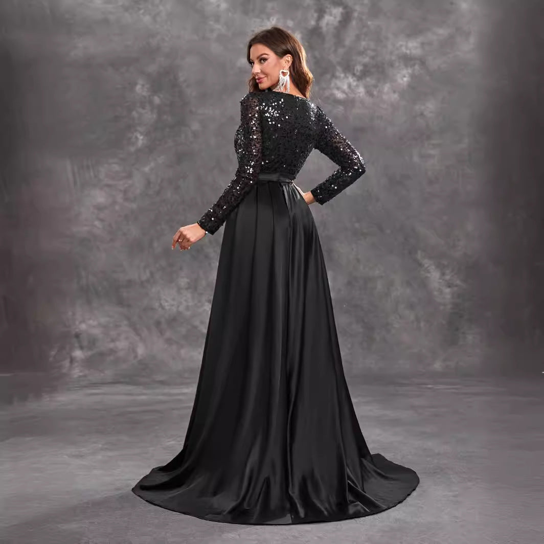 Robe de soirée de bal pour femmes, paillettes, manches longues, col rond, Sexy, élégante, noire, robe formelle