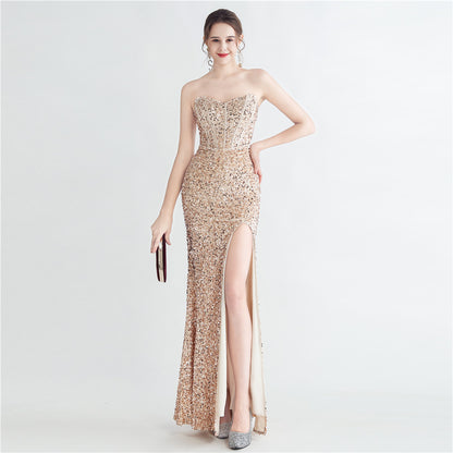 Colorful Sequin Lash Rope Chest Side Slit Tube Top Boning Corset Evening Dress