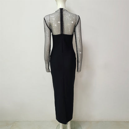 Sexy Net Drill Stitching Bandage One Piece Dress Long Sleeve Tight Stretch Party Cocktail Evening Dress