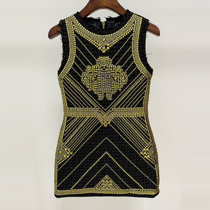 Goods Heavy Industry Metal Sheet Beaded Tweed Woolen round Neck Vest Dress