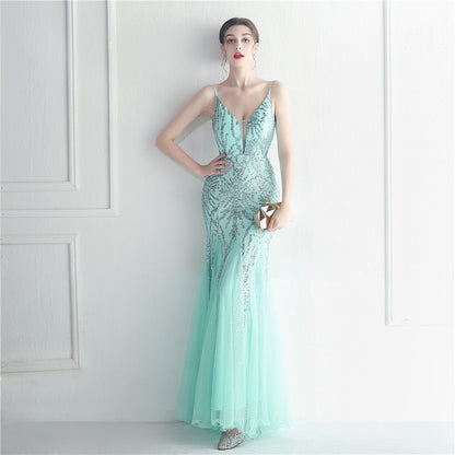 Sequin Gauze Sexy Sling Star Internet Celebrity Grand Ceremony Long Evening Dress