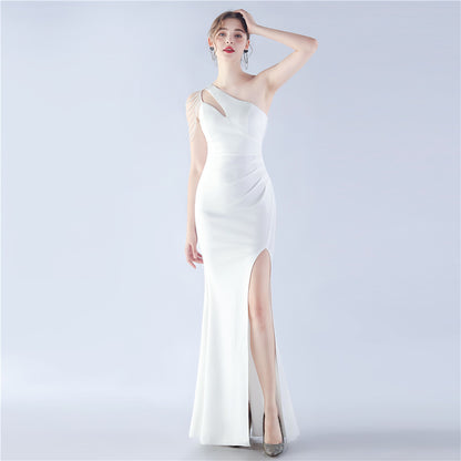 Craft Beaded Satin One Shoulder Diagonal Collar Long Evening Dress