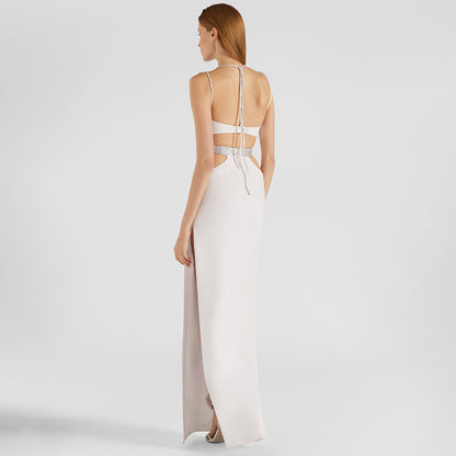 Strass blanc évider robe découpée Camisole dos nu robe Maxi robe mince pansement