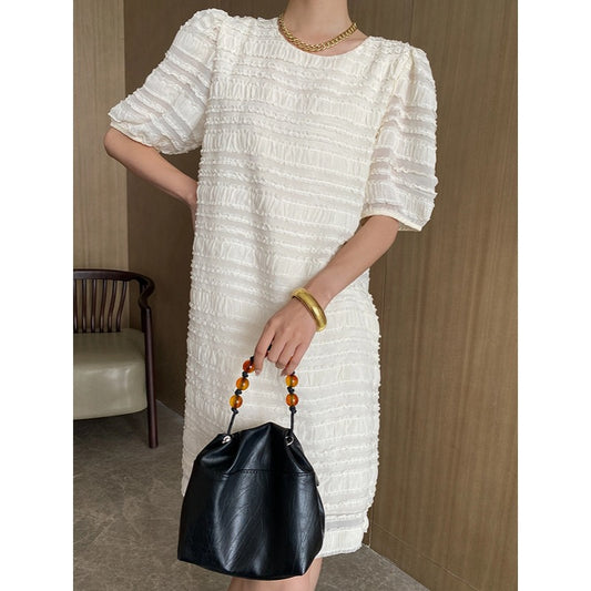 Ear Edge Stripe Texture Crewneck Bubble Sleeve Dress