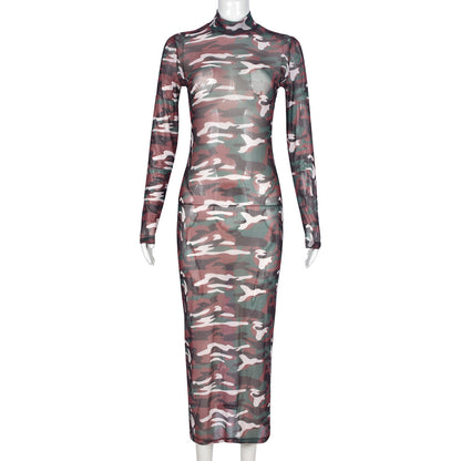 Sexy Mesh Camouflage Hollow Out Cutout out See through Dress