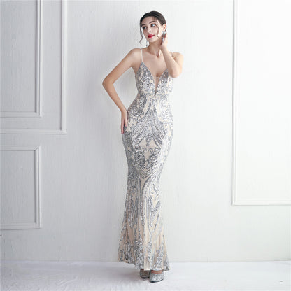 High Density Three Dimensional Strong Sequin Positioning Floral Dress Long Cocktail Slim Fit Evening Dress Elegant