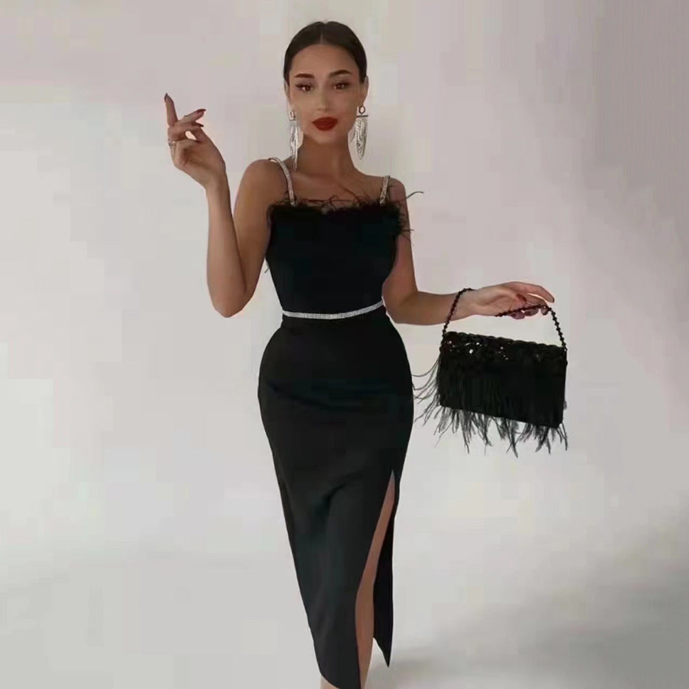 Women Clothing Sexy Socialite Camisole Feather Slit Mid-Length Bandage One-Piece Dress Diamond Dress