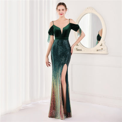 Velvet Spaghetti Straps Cocktail Evening Dress Dress Elegant Company Annual Meeting Women Sexy Long Short Sleeve